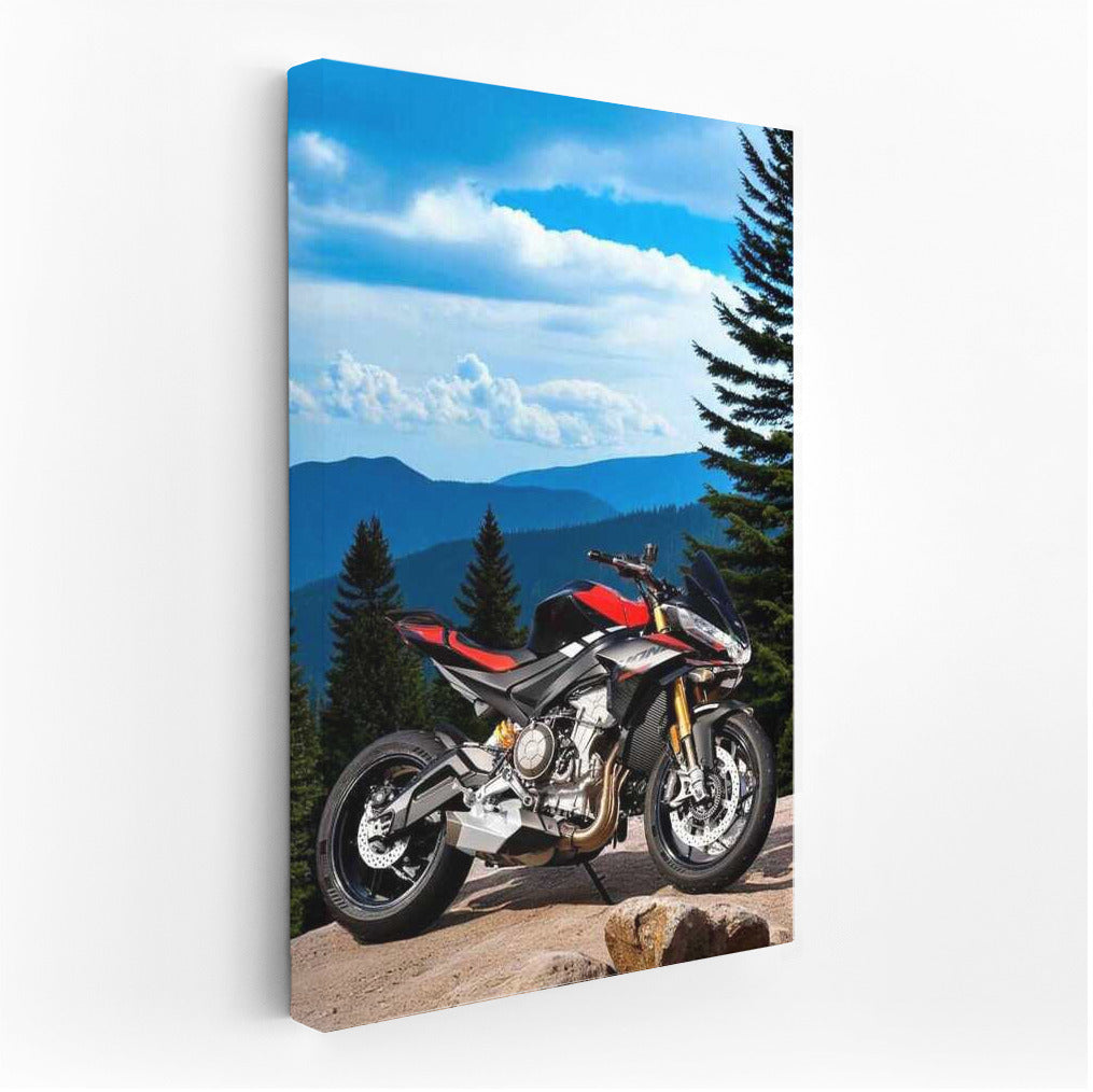 The Pinnacle of Dynamics: Aprilia Tuono 660 on a Mountain Peak with a Forest Background