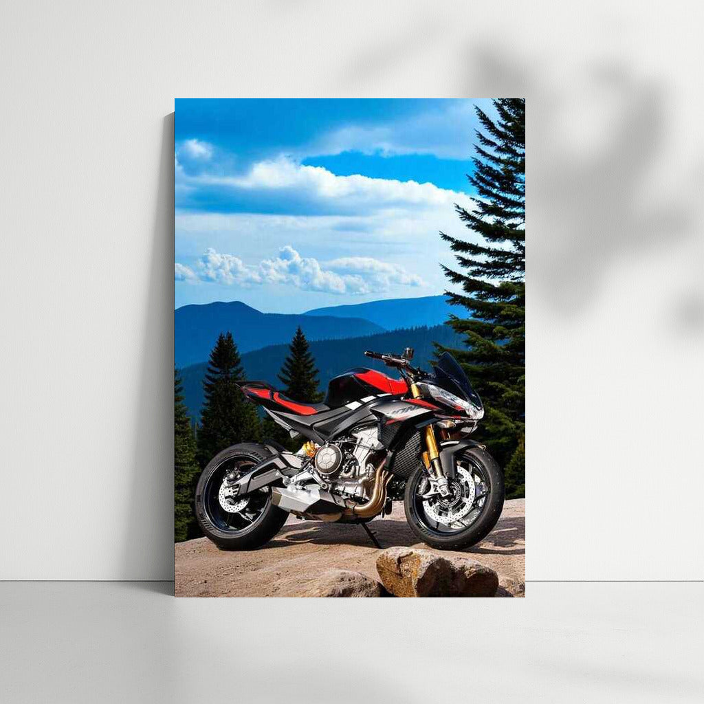 The Pinnacle of Dynamics: Aprilia Tuono 660 on a Mountain Peak with a Forest Background