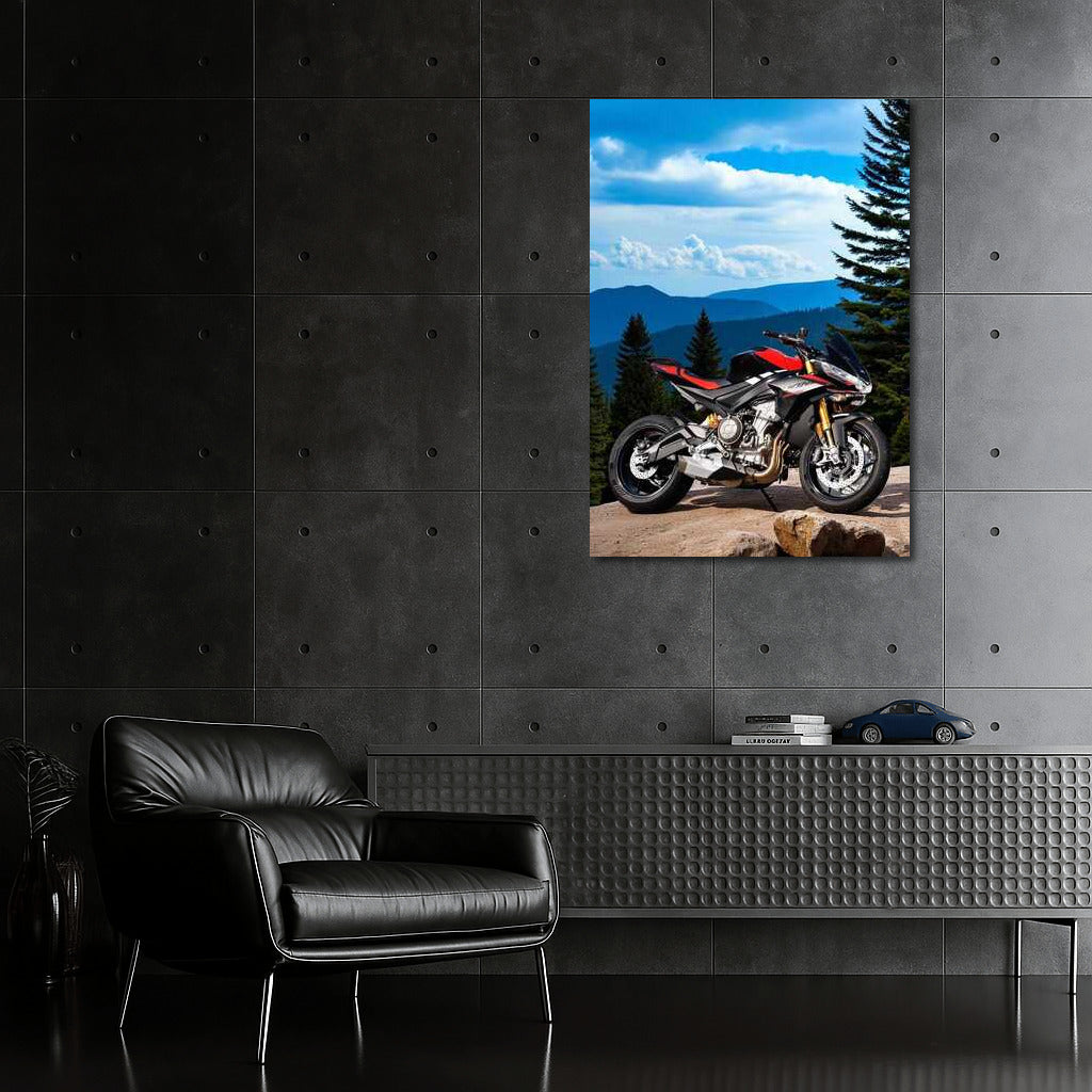 The Pinnacle of Dynamics: Aprilia Tuono 660 on a Mountain Peak with a Forest Background