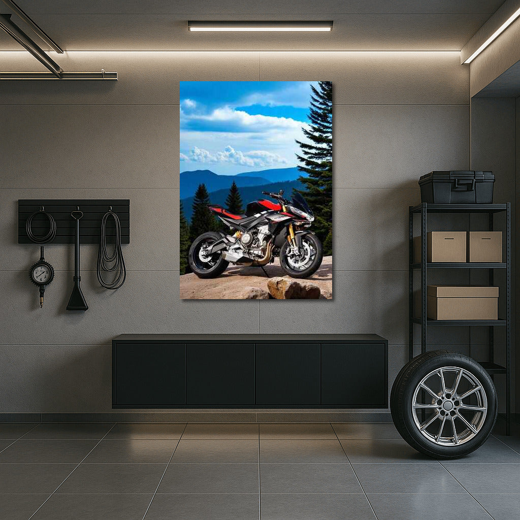 The Pinnacle of Dynamics: Aprilia Tuono 660 on a Mountain Peak with a Forest Background