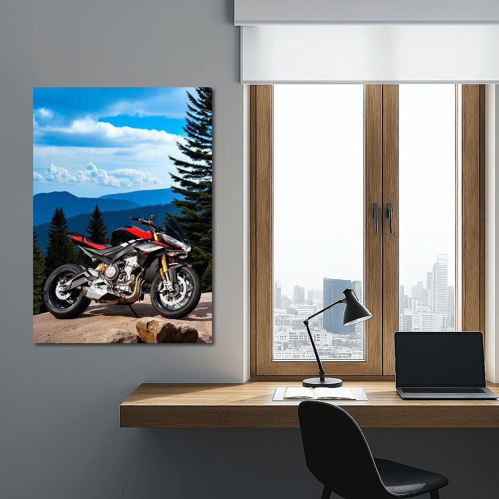 The Pinnacle of Dynamics: Aprilia Tuono 660 on a Mountain Peak with a Forest Background