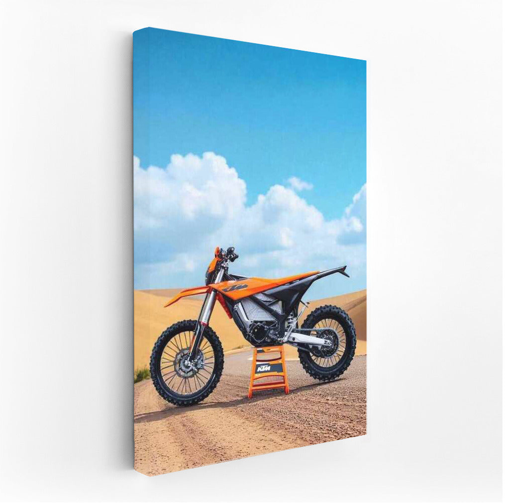 Electric KTM Freeride E ride on gravel road with dunes