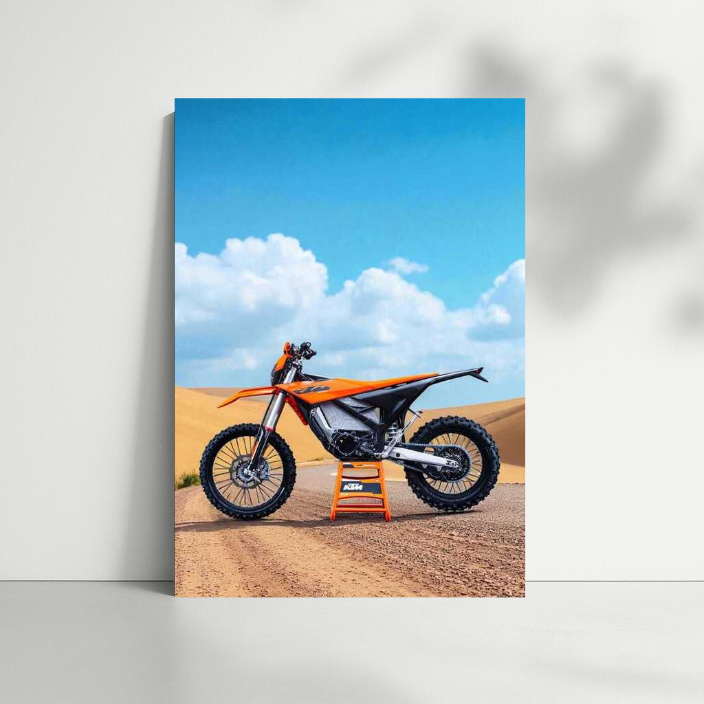 Electric KTM Freeride E ride on gravel road with dunes