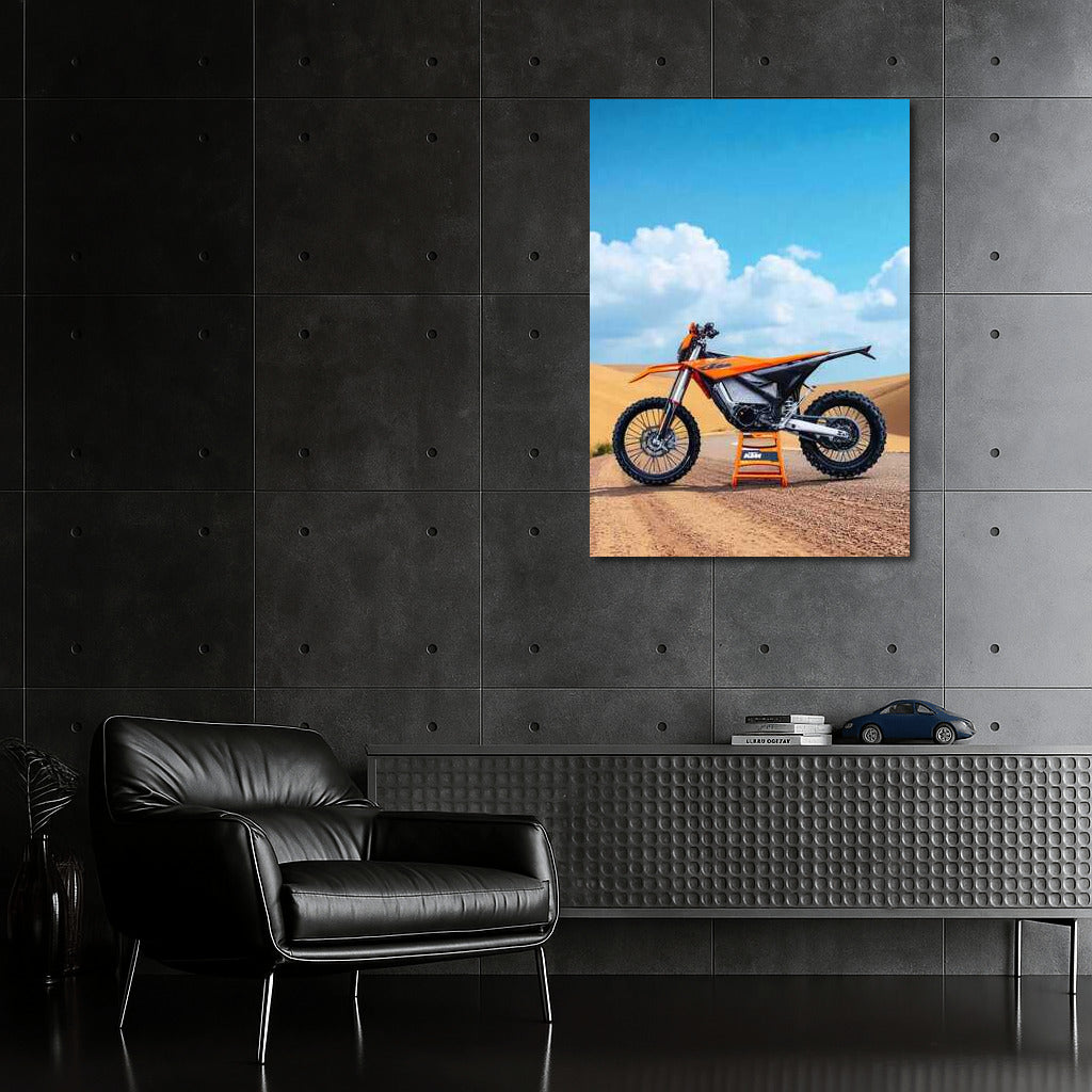 Electric KTM Freeride E ride on gravel road with dunes