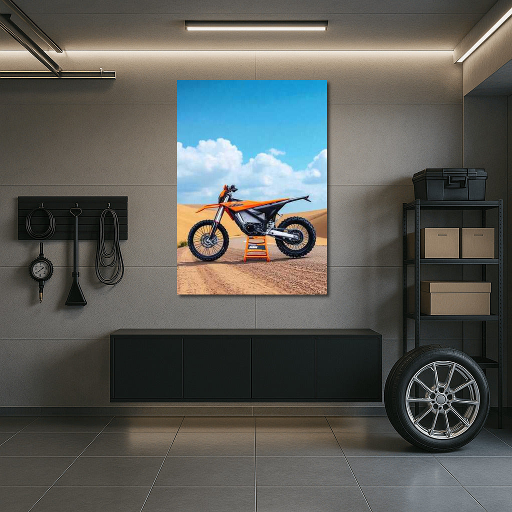 Electric KTM Freeride E ride on gravel road with dunes