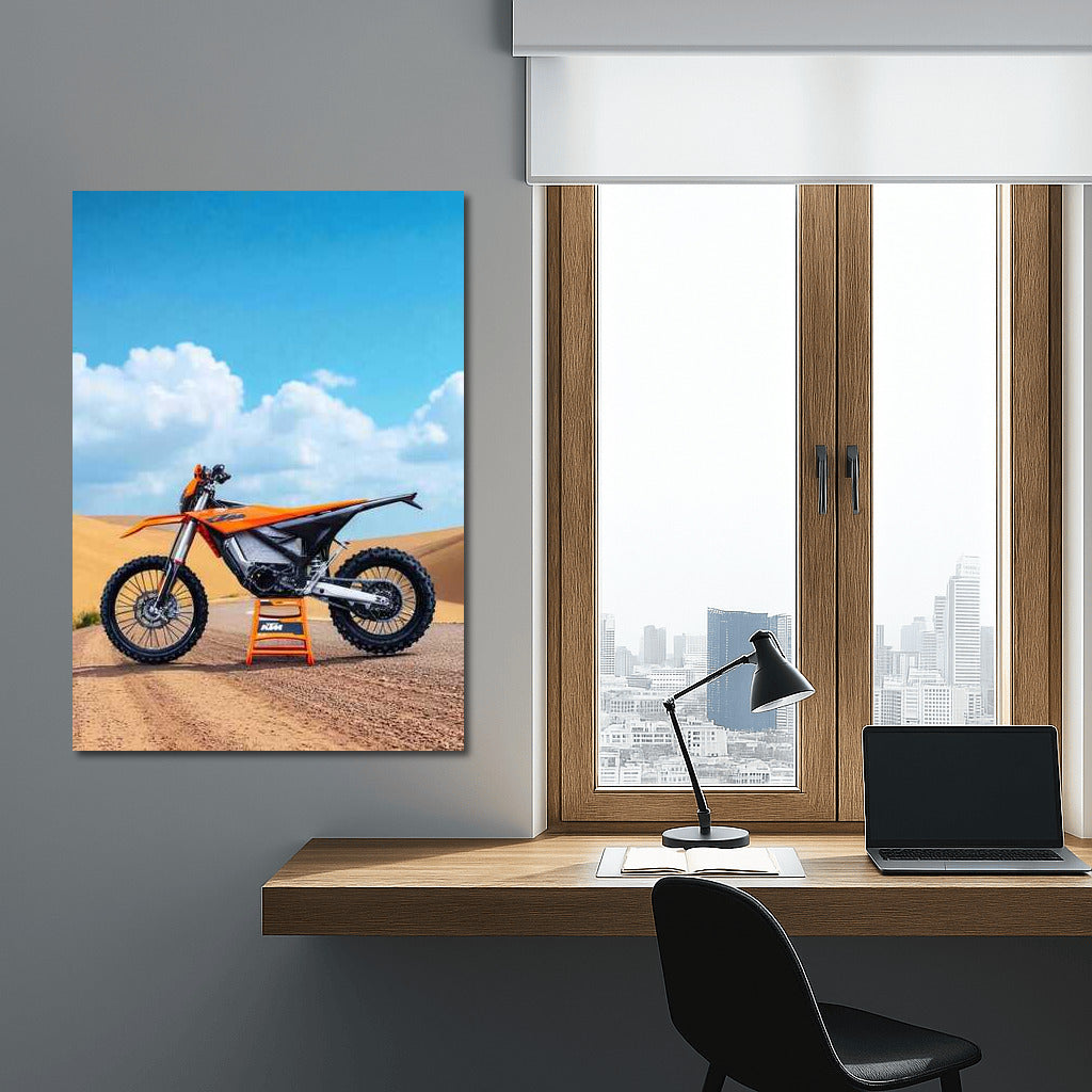 Electric KTM Freeride E ride on gravel road with dunes