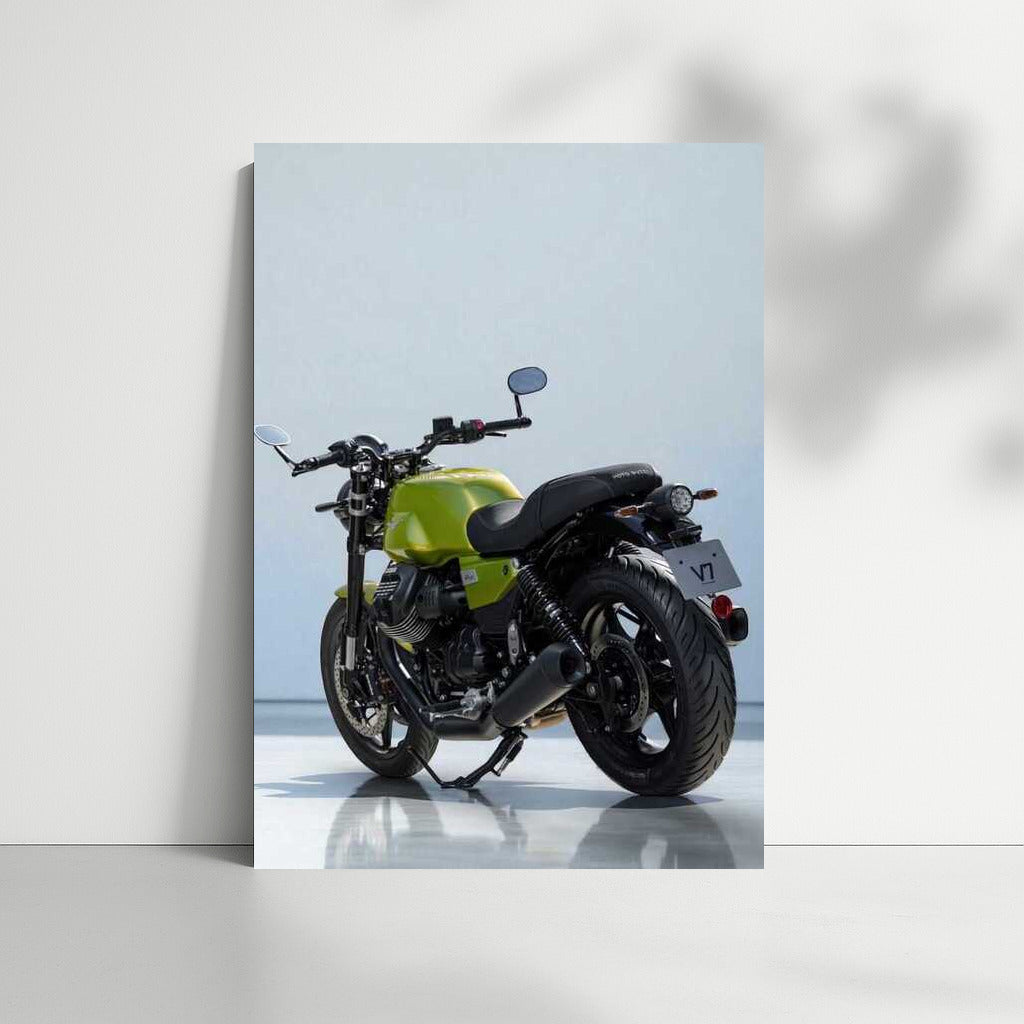 The elegance of the MotoGuzzi V7 Sport against a minimalist backdrop