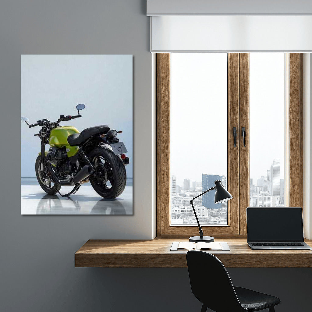 The elegance of the MotoGuzzi V7 Sport against a minimalist backdrop