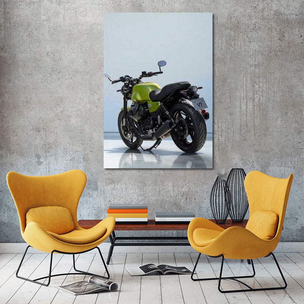The elegance of the MotoGuzzi V7 Sport against a minimalist backdrop