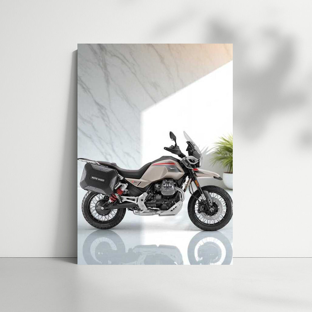 Elegance of the Moto Guzzi V85 TT Travel on Marble: Art for Motorcycle Enthusiasts