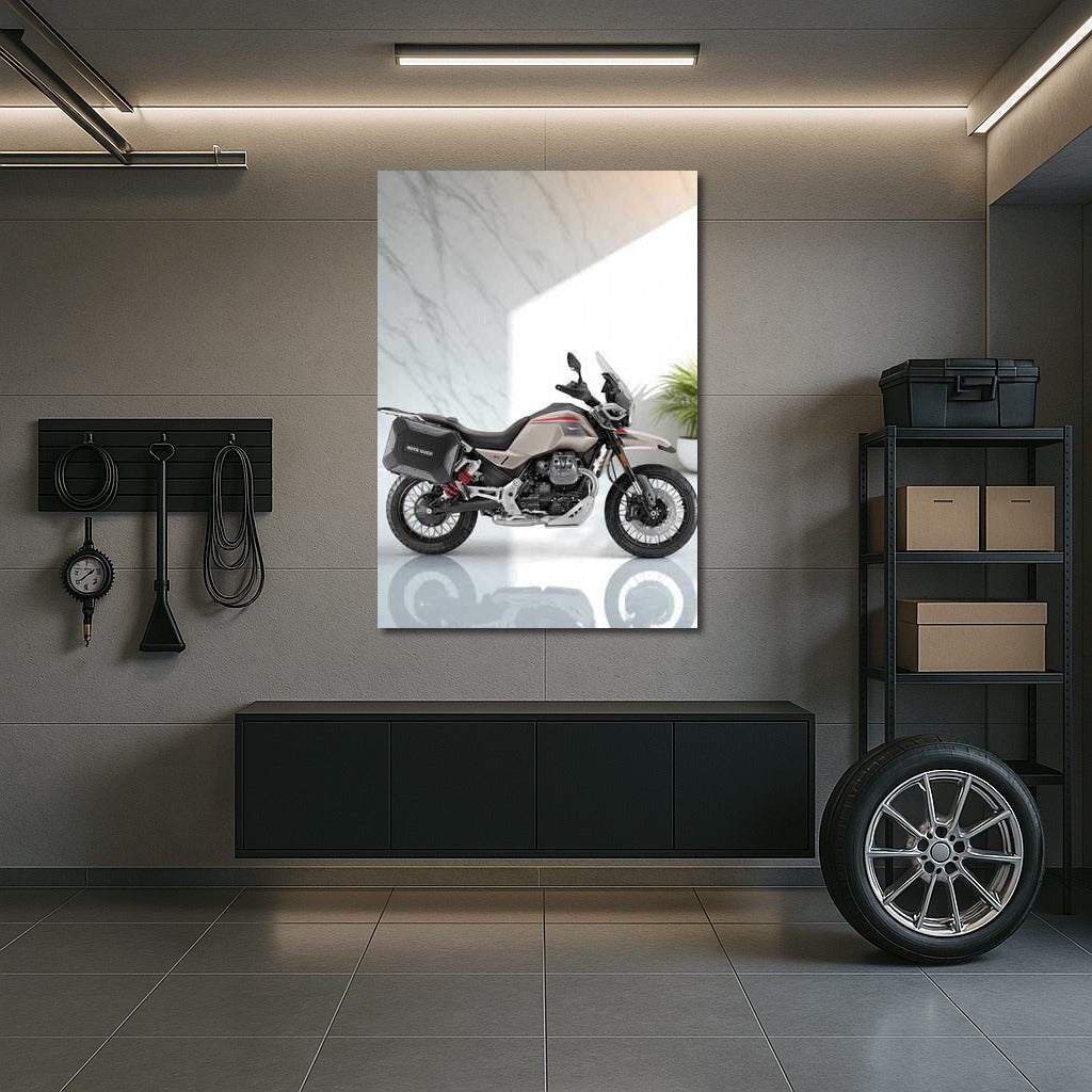Elegance of the Moto Guzzi V85 TT Travel on Marble: Art for Motorcycle Enthusiasts