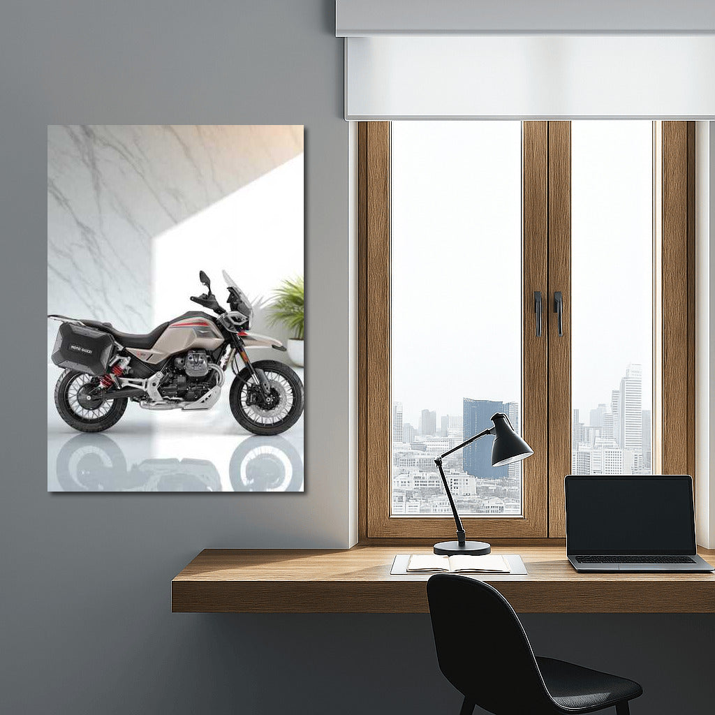 Elegance of the Moto Guzzi V85 TT Travel on Marble: Art for Motorcycle Enthusiasts
