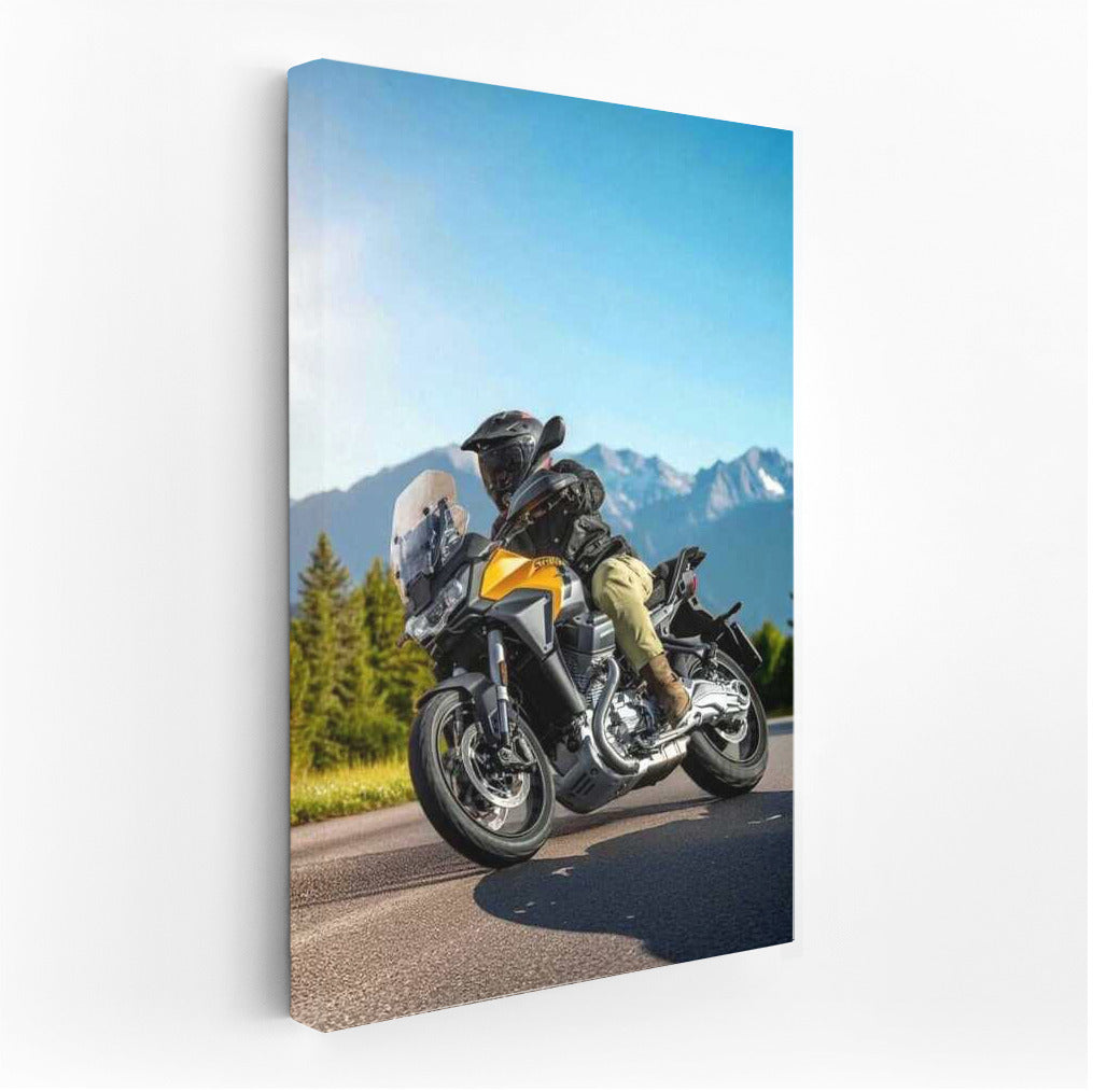 Moto Guzzi Stelvio Icon on Sunny Highway with Mountains