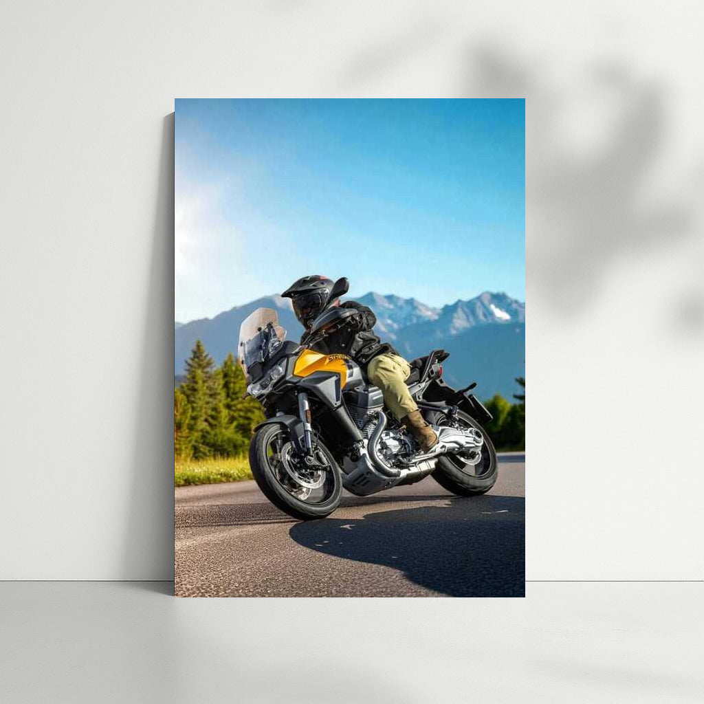 Moto Guzzi Stelvio Icon on Sunny Highway with Mountains