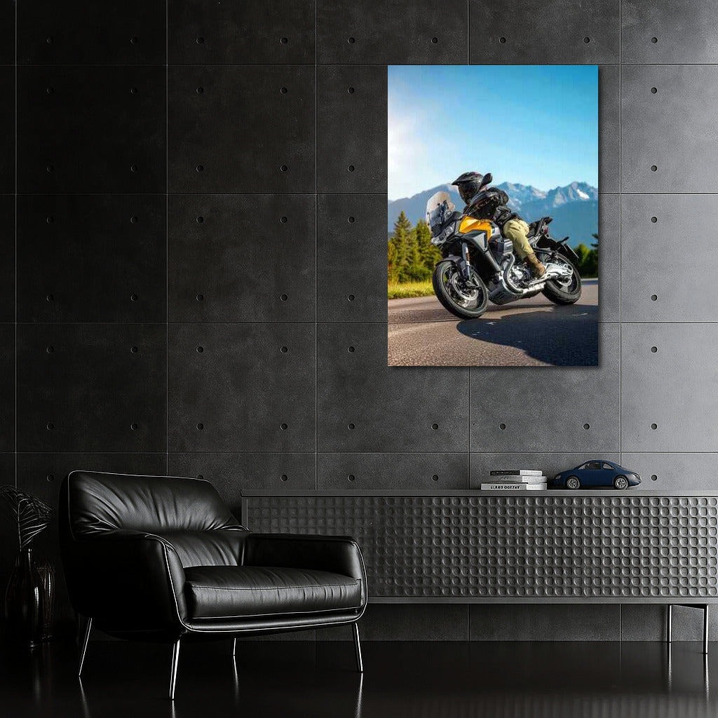 Moto Guzzi Stelvio Icon on Sunny Highway with Mountains