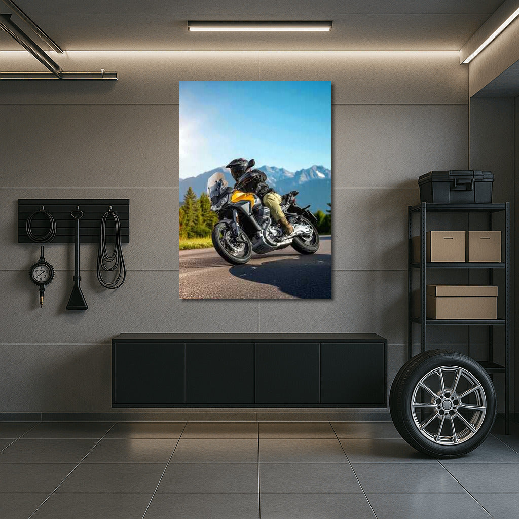 Moto Guzzi Stelvio Icon on Sunny Highway with Mountains