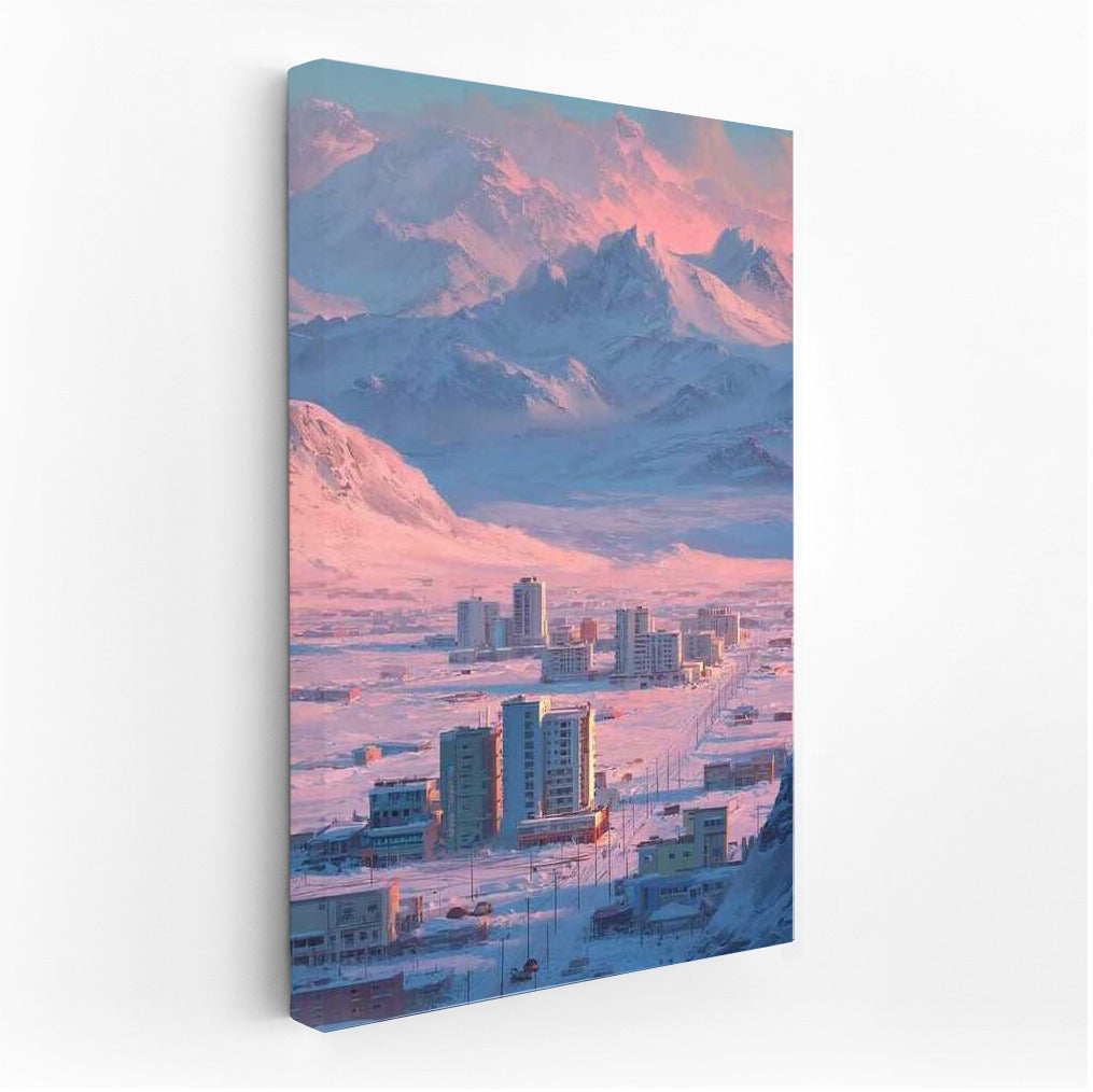 Winter Morning: Mountains and City in Pink Light