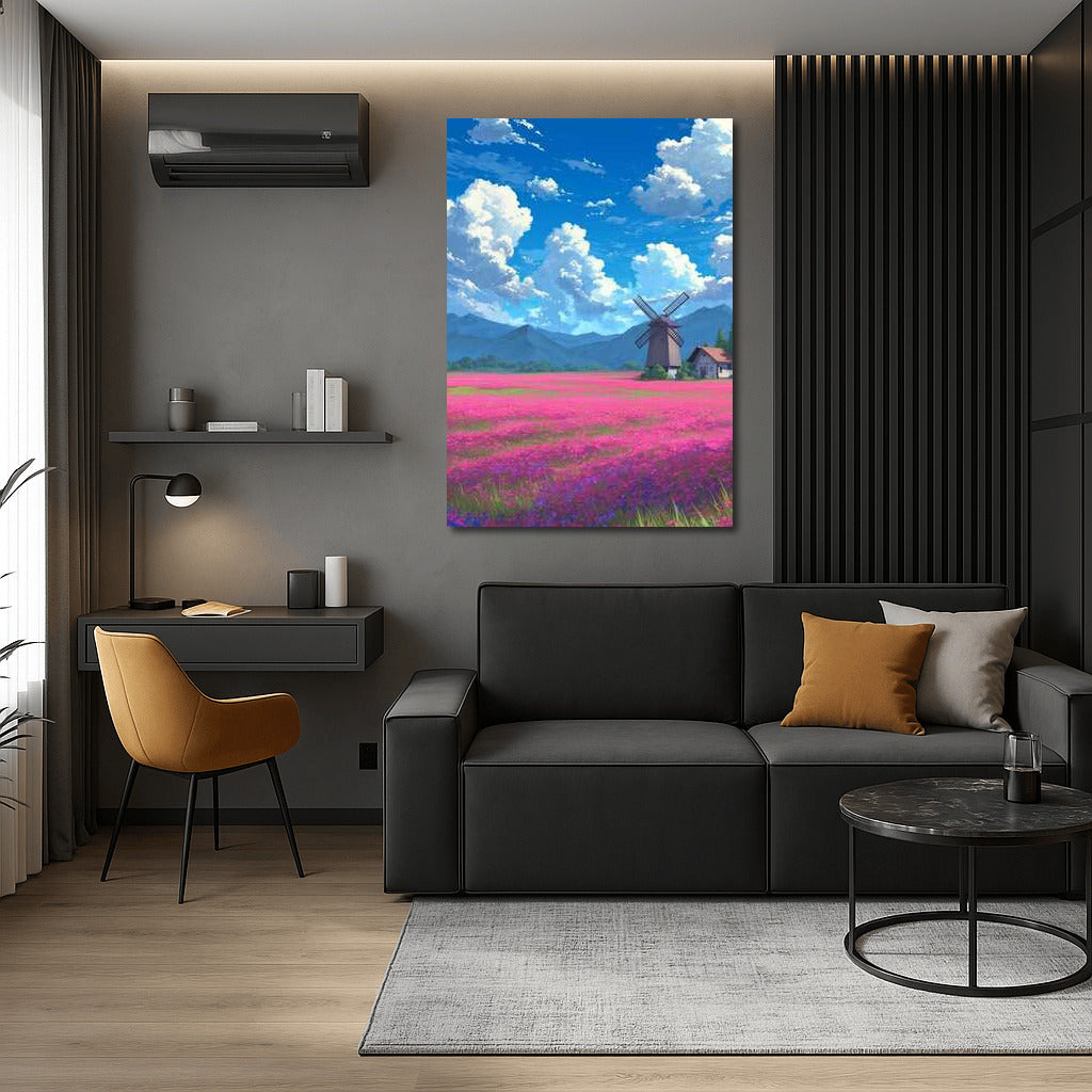 Summer Idyll: Flower Fields and a Mill under a Blue Sky