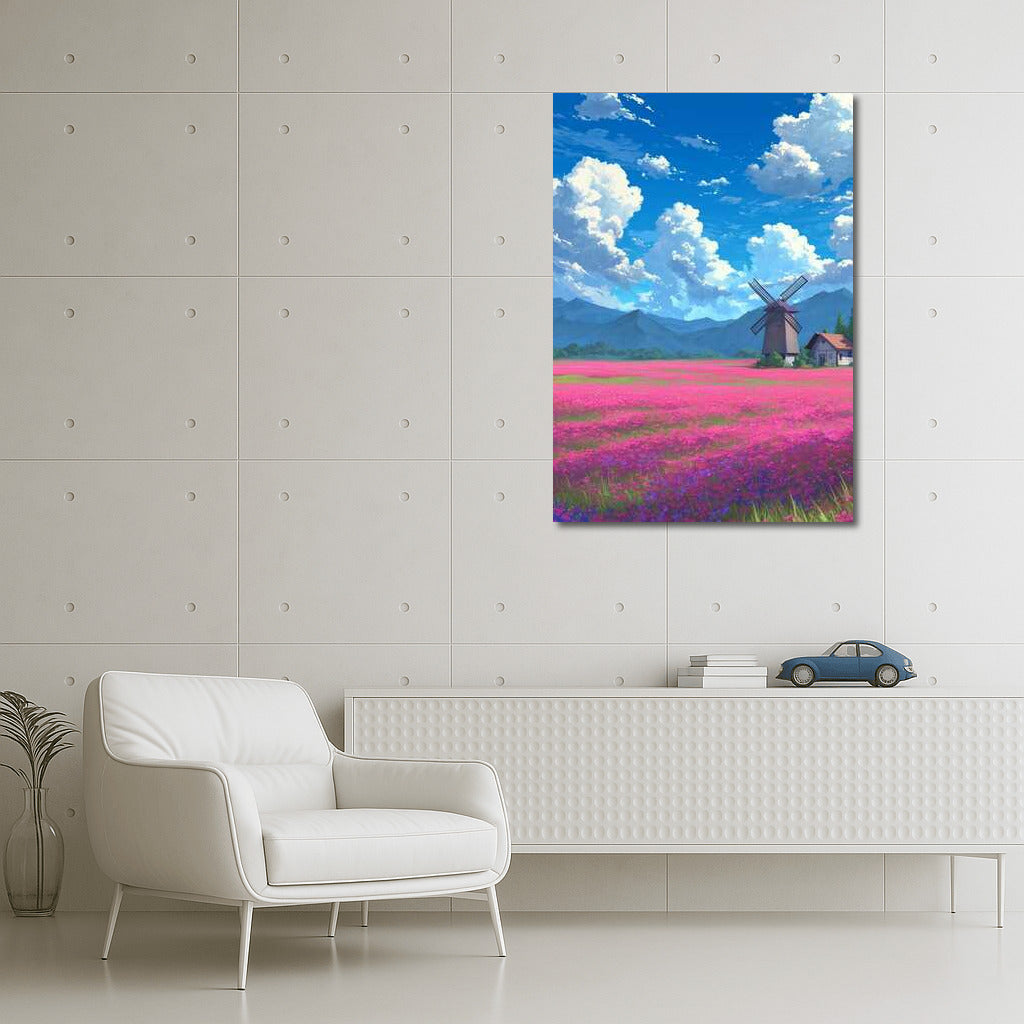 Summer Idyll: Flower Fields and a Mill under a Blue Sky