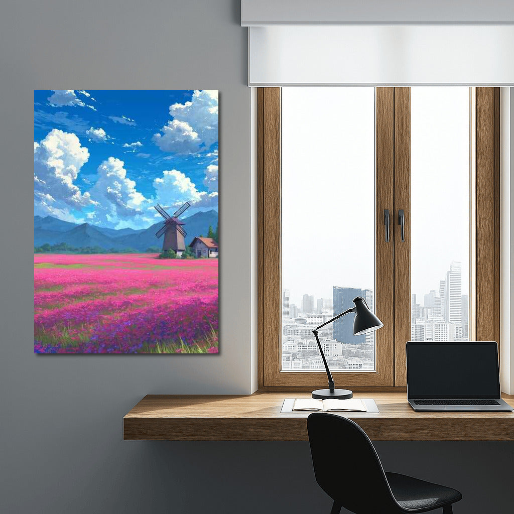 Summer Idyll: Flower Fields and a Mill under a Blue Sky