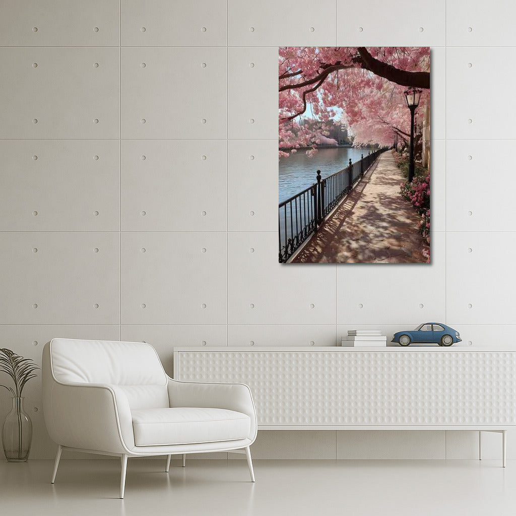 Spring Charm: Pink Flowers by the River