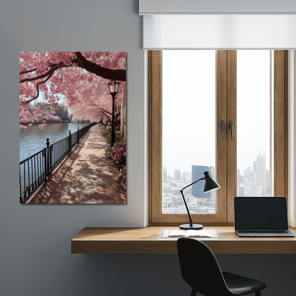 Spring Charm: Pink Flowers by the River