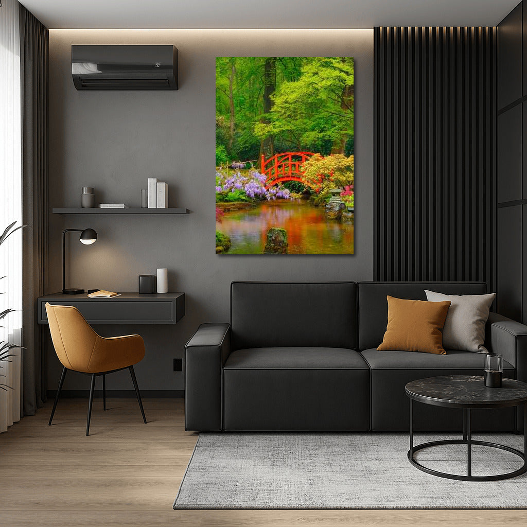 Spring Garden with Red Bridge: Awakening of Nature