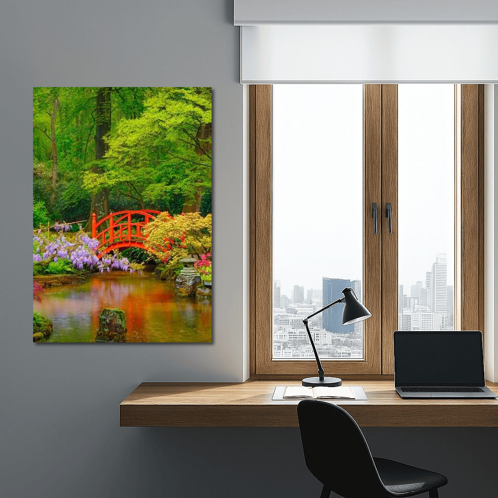 Spring Garden with Red Bridge: Awakening of Nature