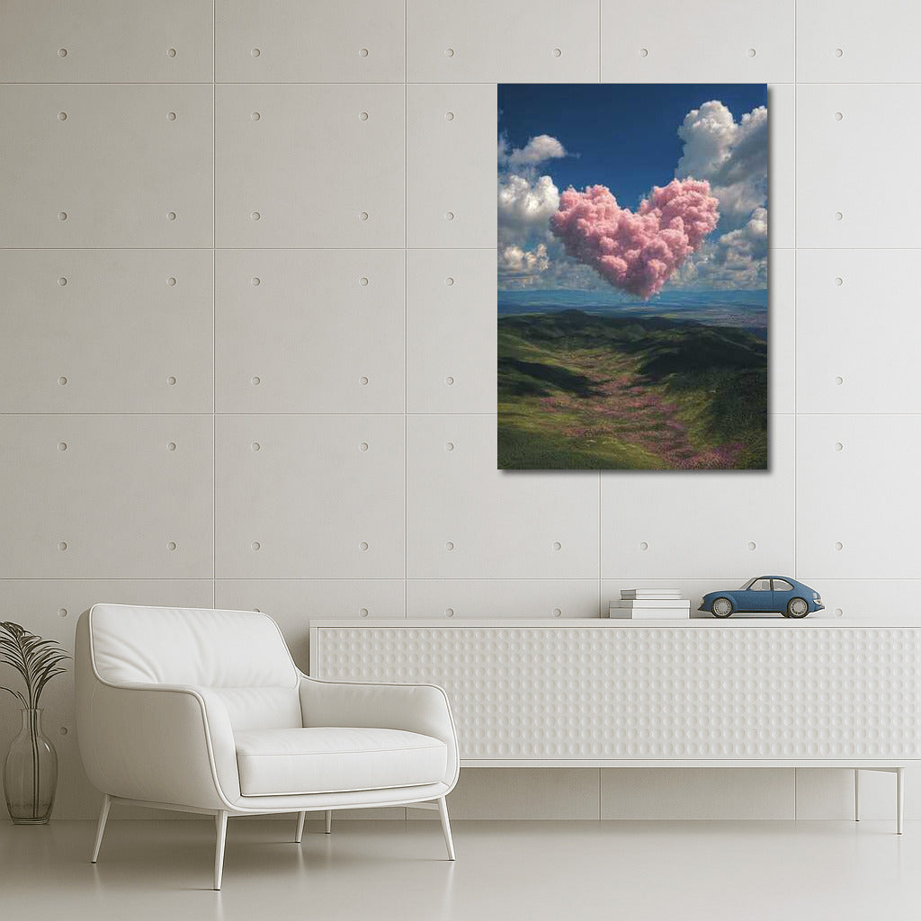 Pink Cloud Heart Over Green Hills: Harmony of Nature and Sky