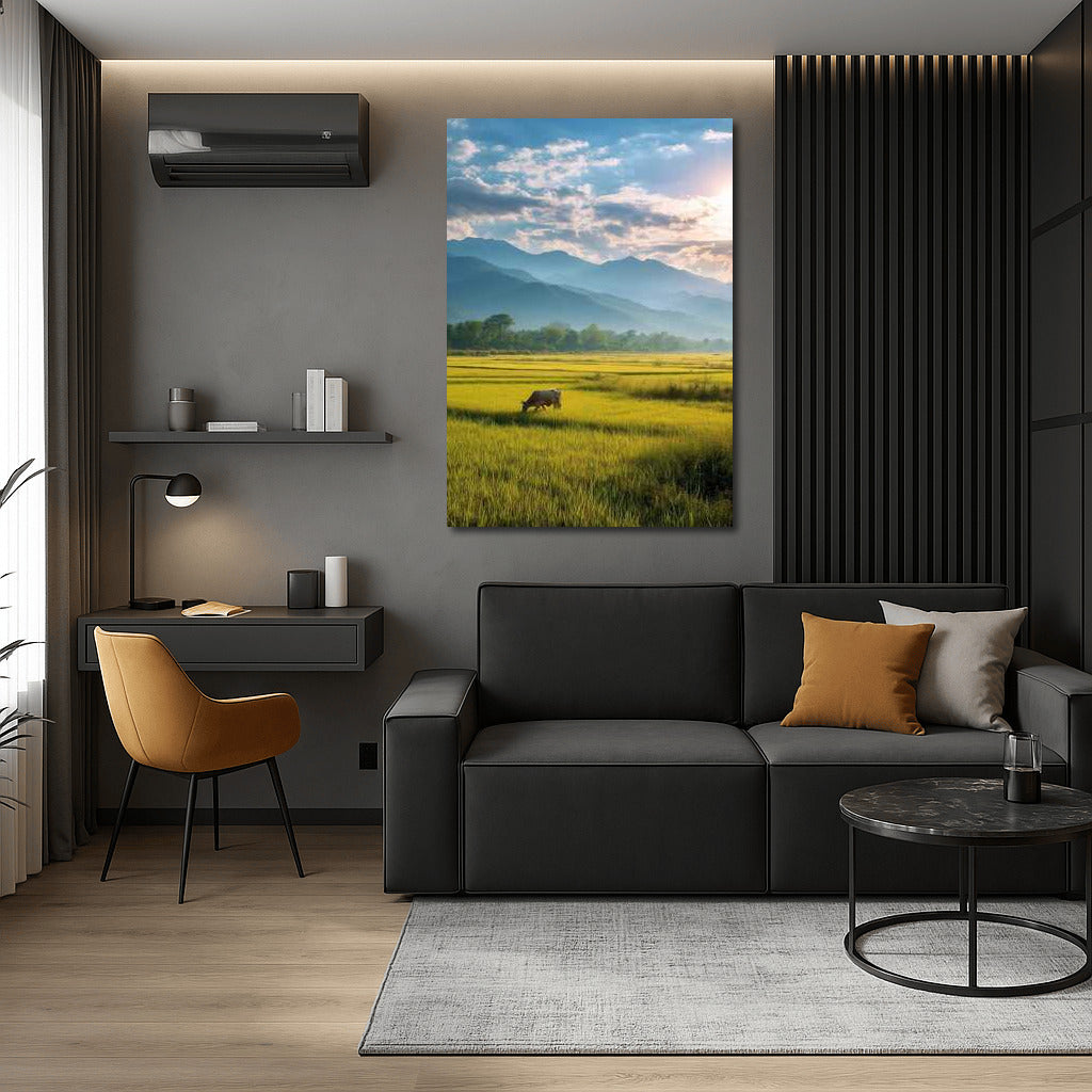 Harmony of nature: field, mountains and sky for peace at home