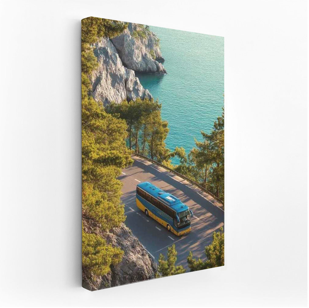 Bus Trip by the Sea: Road, Pines and Rocks