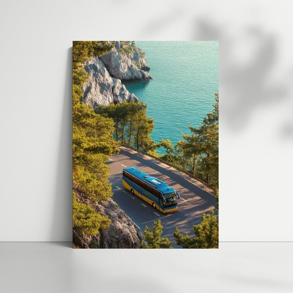 Bus Trip by the Sea: Road, Pines and Rocks