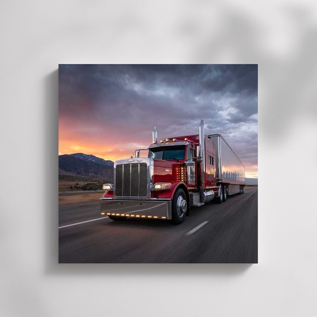 Sunset Majestic Peterbilt: Red Truck Against Sun