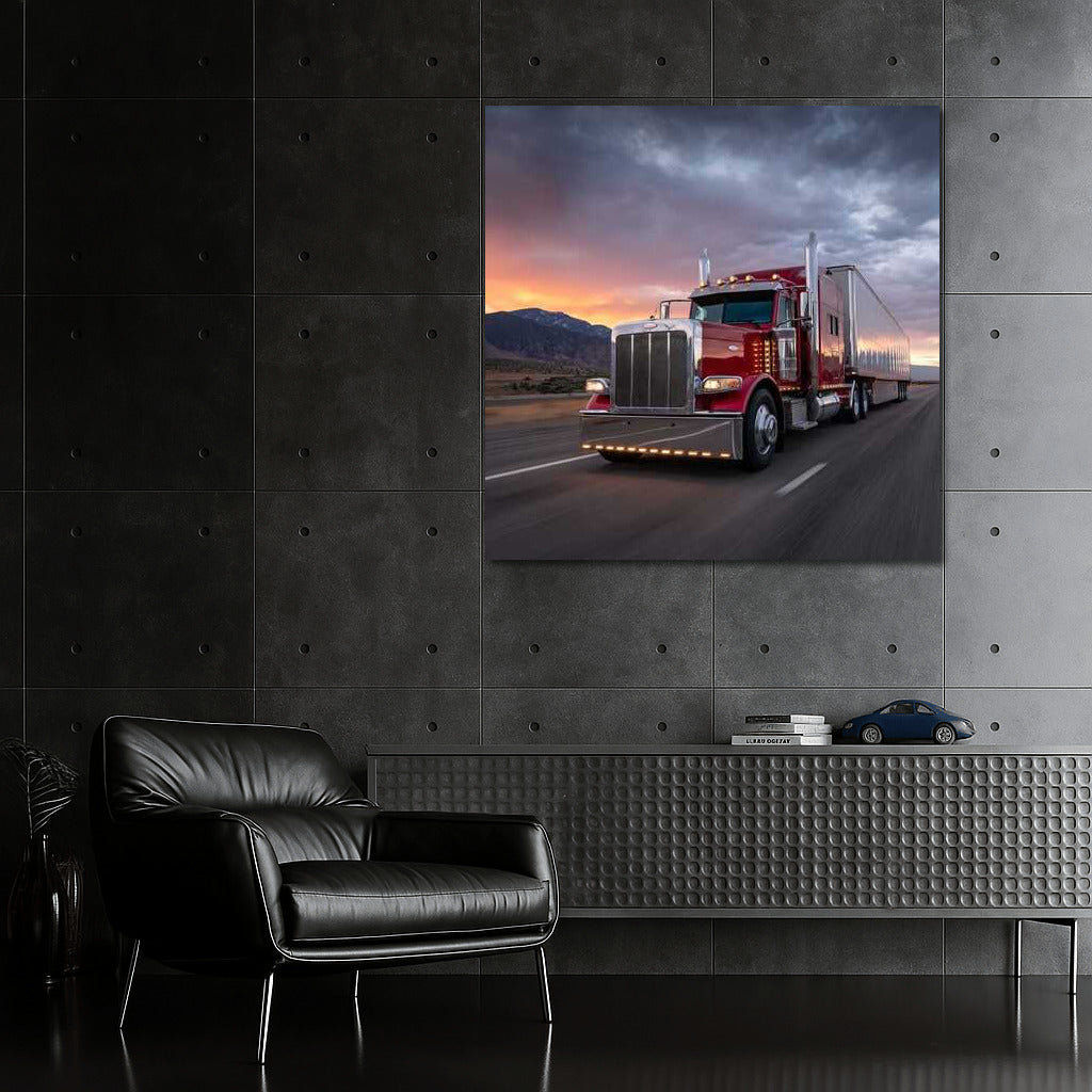 Sunset Majestic Peterbilt: Red Truck Against Sun