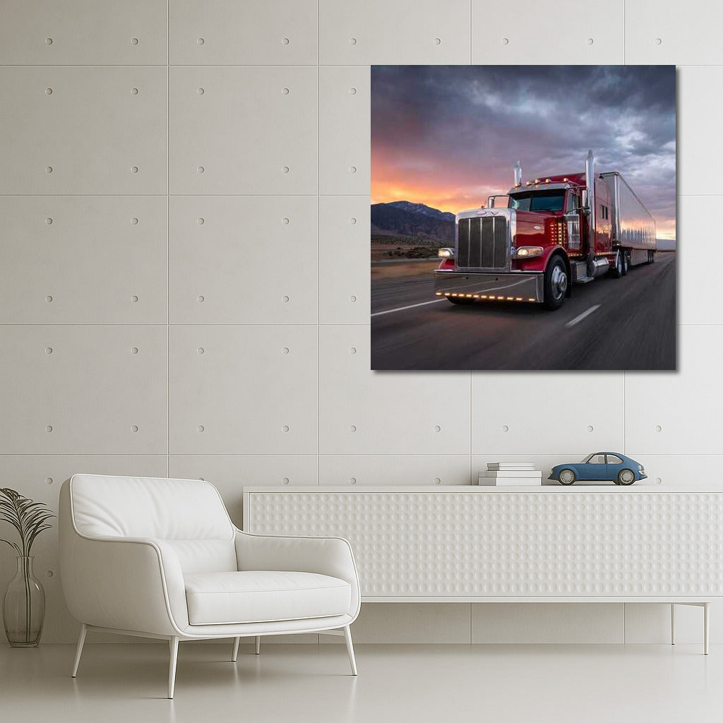 Sunset Majestic Peterbilt: Red Truck Against Sun