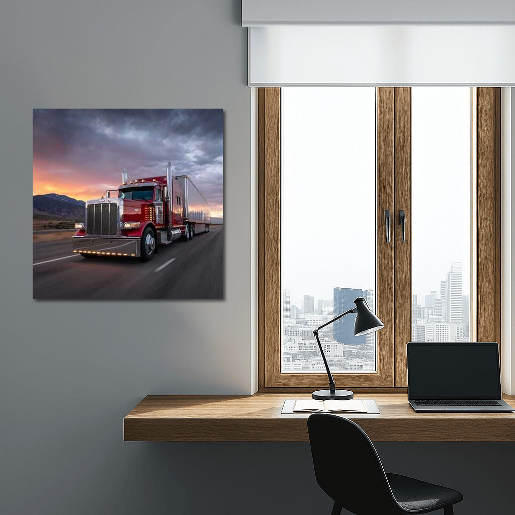 Sunset Majestic Peterbilt: Red Truck Against Sun