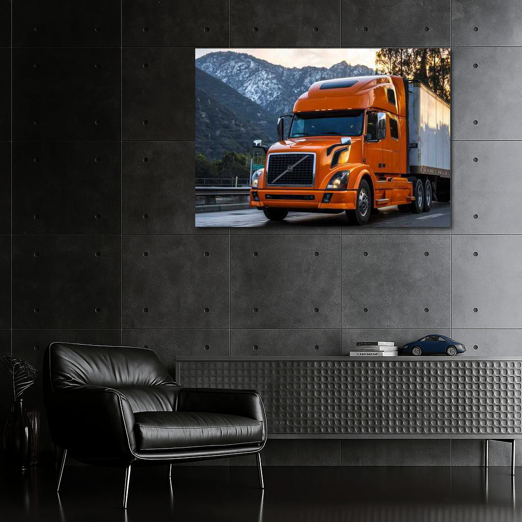 Volvo's Greatness: Orange Truck Among the Mountains
