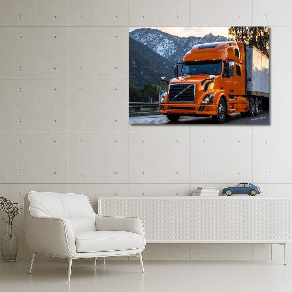 Volvo's Greatness: Orange Truck Among the Mountains