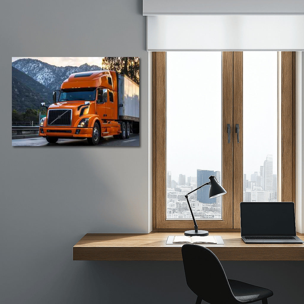 Volvo's Greatness: Orange Truck Among the Mountains