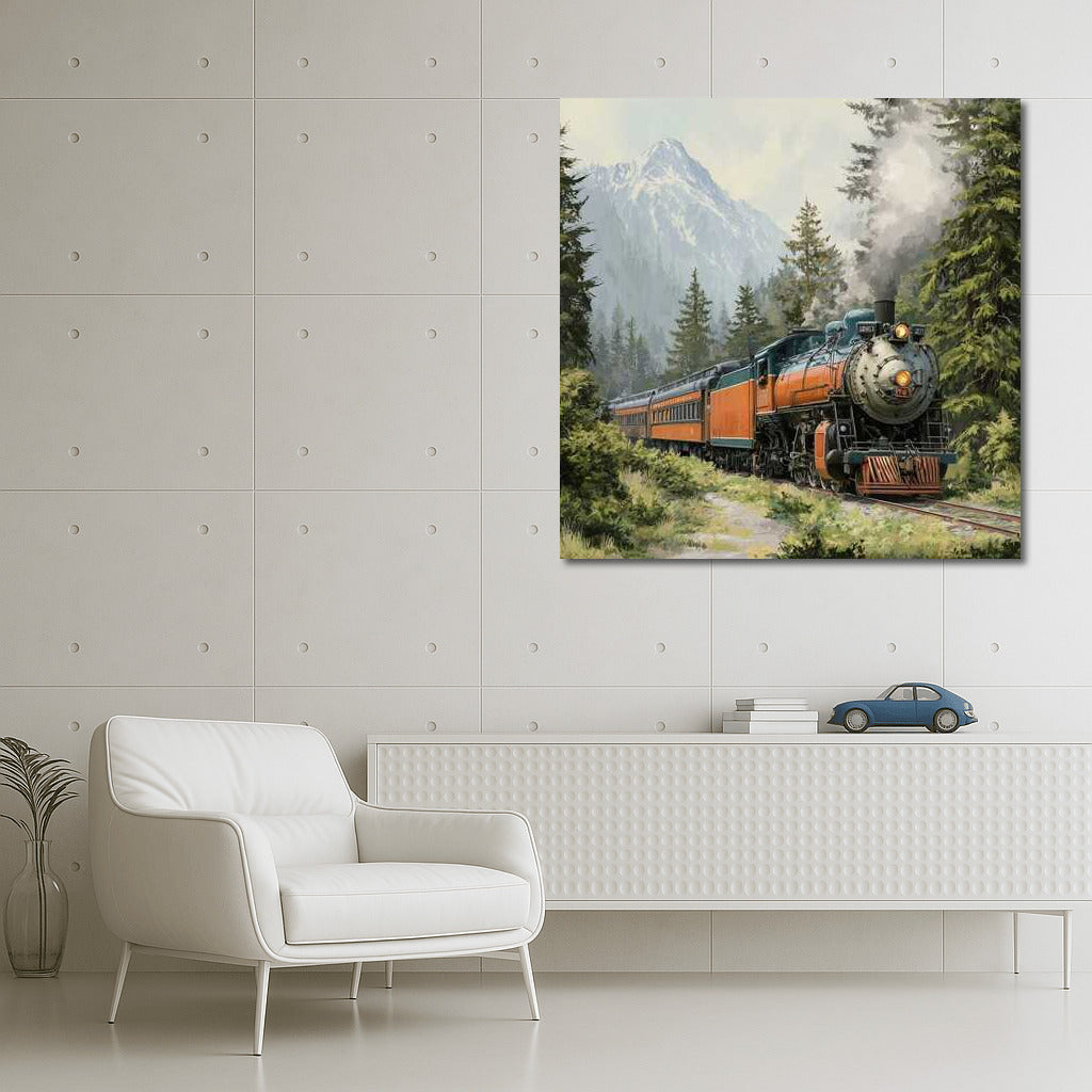 Steam Train Journey Through Forest and Mountains: Transport of Time and Space