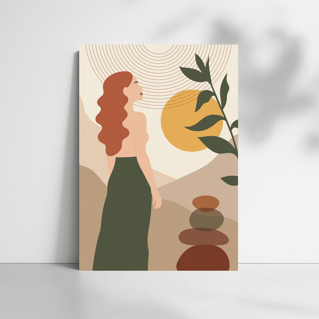 Warm Boho Charm: Mysterious Figure and Sun in Nature