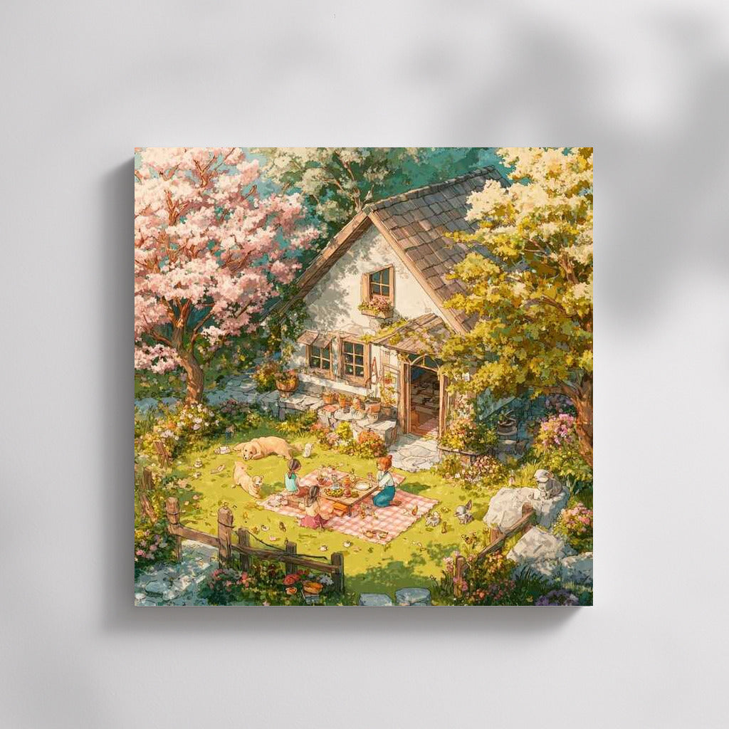 Picnic Idyll: Blooming Garden at a Country House in Cottagecore Style