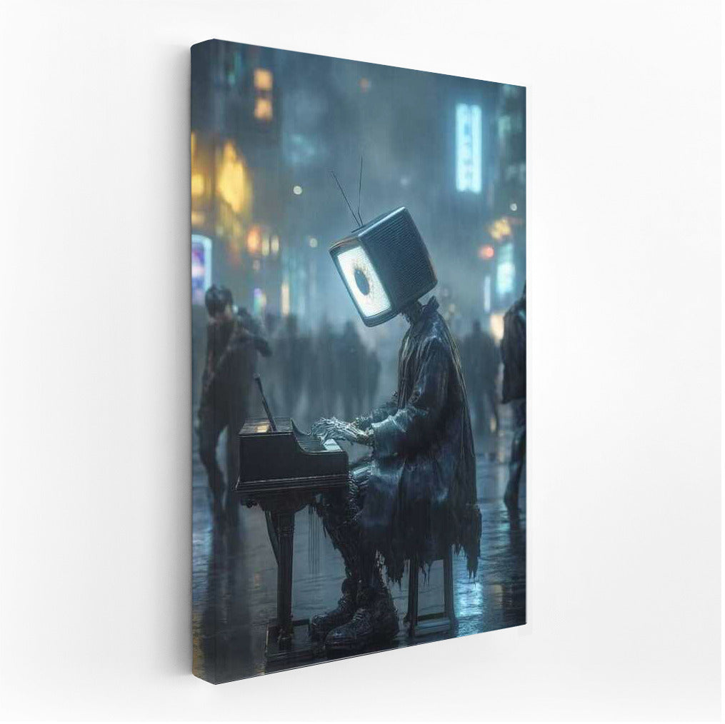 Cyberpunk Symphony: Neon Pianist with Screen Head