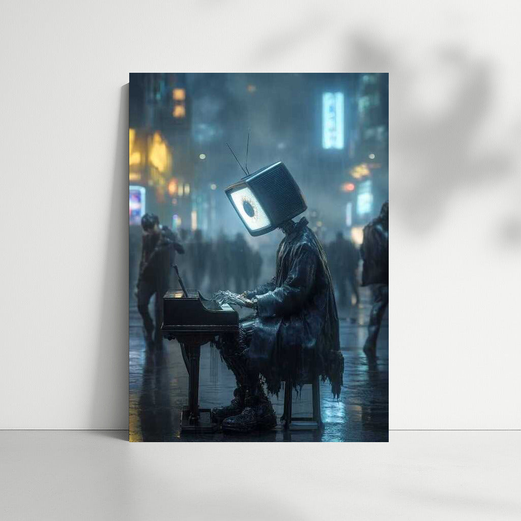 Cyberpunk Symphony: Neon Pianist with Screen Head