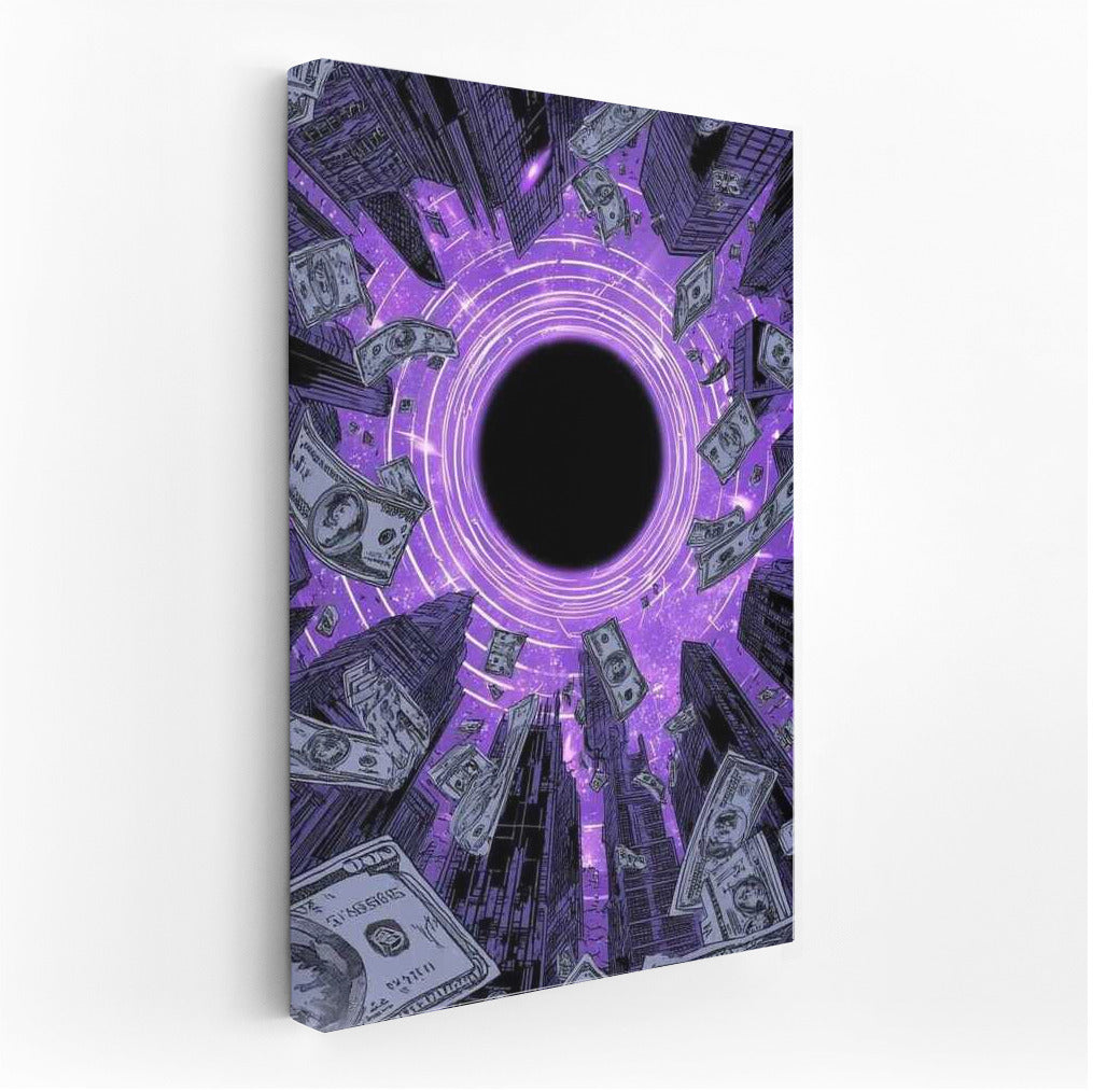 Cosmic Symphony of Money: Purple Horizons and Floating Banknotes