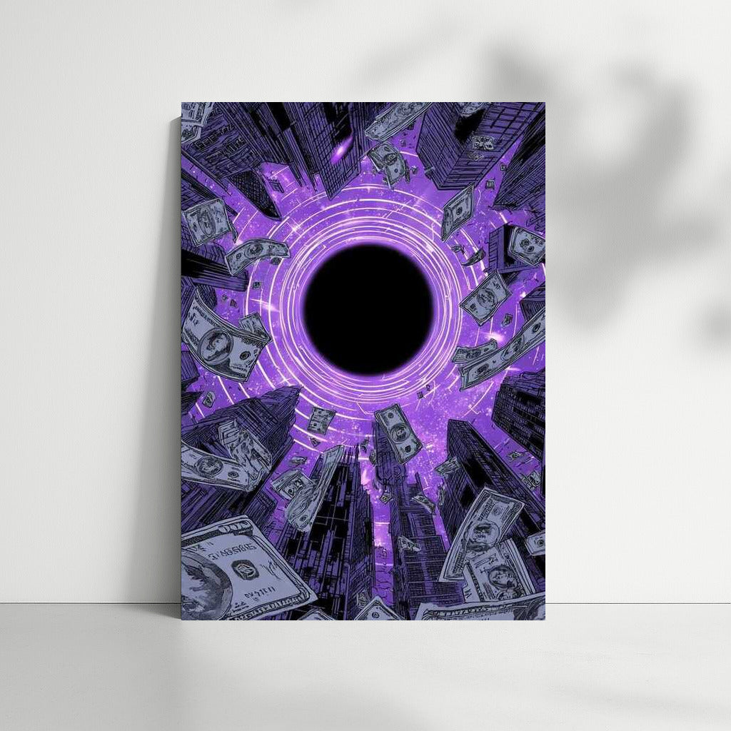 Cosmic Symphony of Money: Purple Horizons and Floating Banknotes