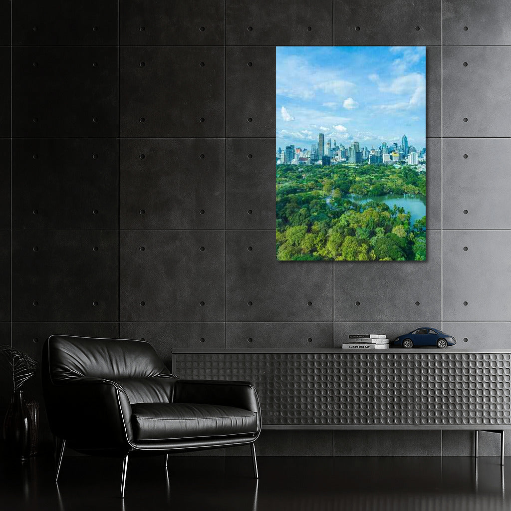 Harmony of the metropolis and nature: Urban landscape with a green park