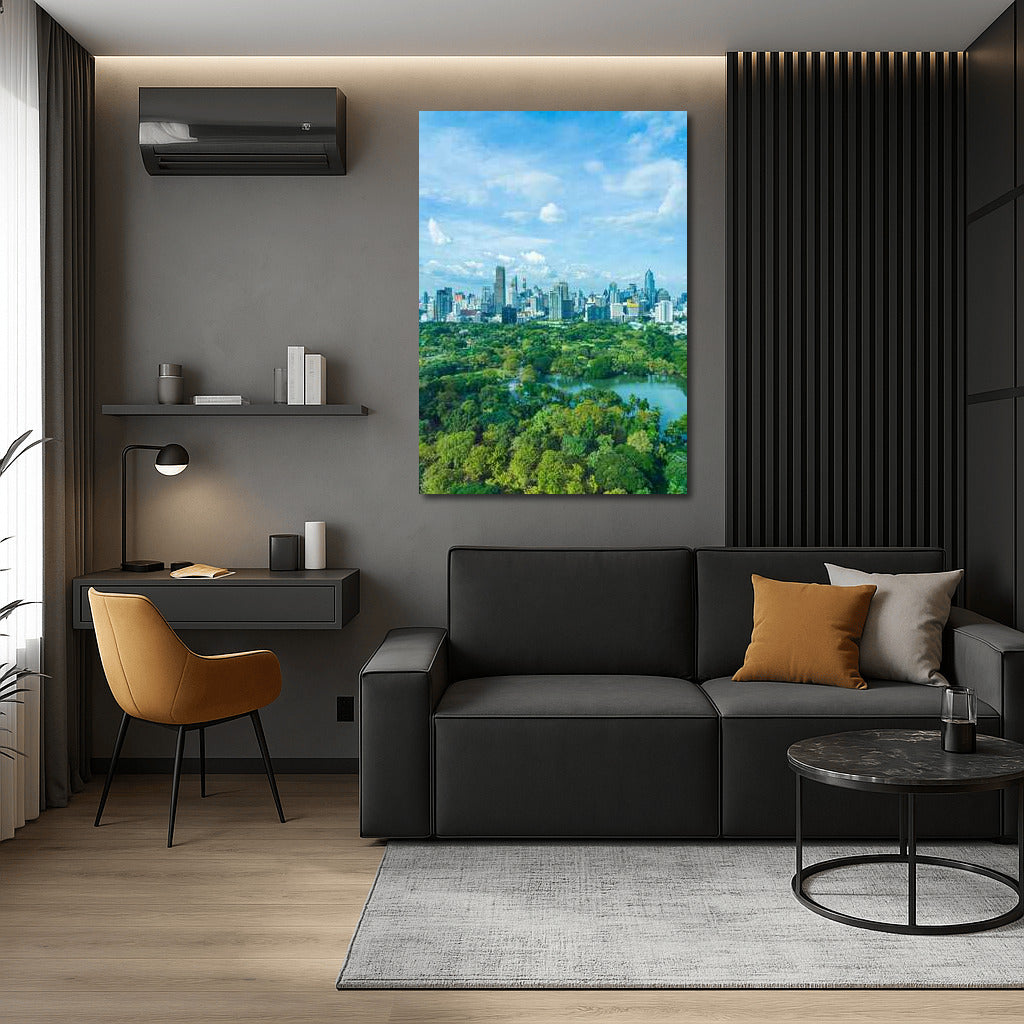 Harmony of the metropolis and nature: Urban landscape with a green park