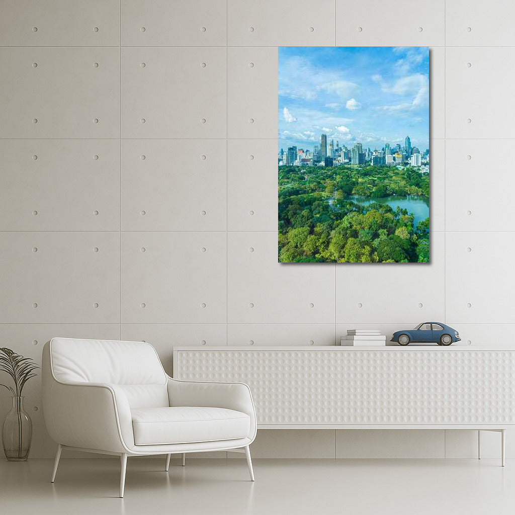 Harmony of the metropolis and nature: Urban landscape with a green park