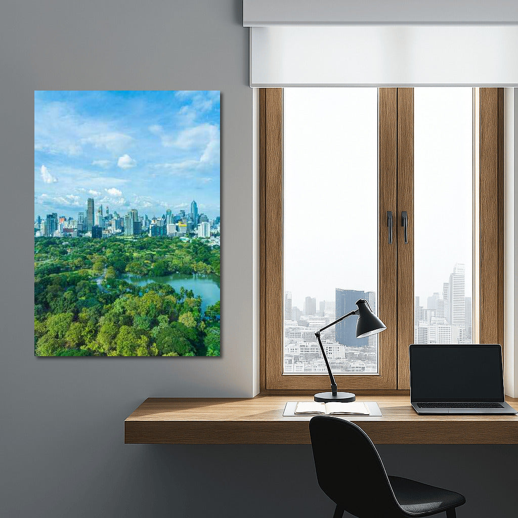 Harmony of the metropolis and nature: Urban landscape with a green park